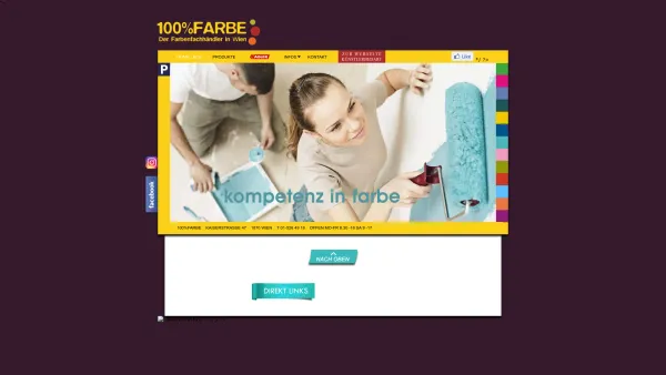 Website Screenshot: 100%FARBE Der Farbenfachhändler in Wien KOMPETENZ IN FARBE. Wenn es um Farben, Lack & Co geht, sind Sie bei uns genau richtig. - FARBEN + LACKE in WIEN bei 100%FARBE - Date: 2023-06-22 12:13:02