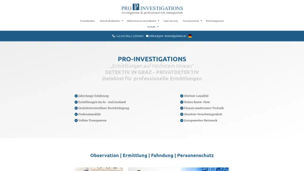 Website Screenshot: DETEKTIV GRAZ PRO-INVESTIGATIONS PRIVATDETEKTIV GRAZ www.pro-investigations.at - Detektiv Graz | Pro-Investigations.at Wir liefern Beweise - Detektei Graz - Date: 2023-06-26 10:25:59