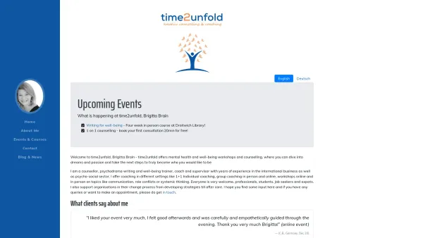 Website Screenshot: Brigitta Brain - time2unfold - Home Page - Coaching/Workshops/Online - Date: 2023-06-26 10:26:02