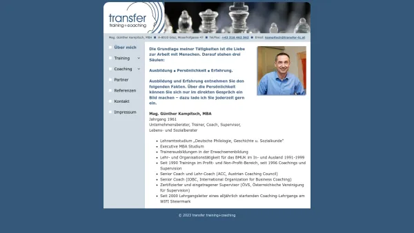 Website Screenshot: transfer training + coaching Mag. Günther Kampitsch, MBA - transfer training+coaching – Ausbildung – Persönlichkeit – Erfahrung - Date: 2023-06-22 15:02:29