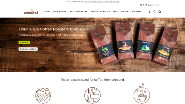 Website Screenshot: unbound luxury food e.U. - unbound coffee roasters - Your coffee roaster in Tyrol - Date: 2023-06-26 10:26:02