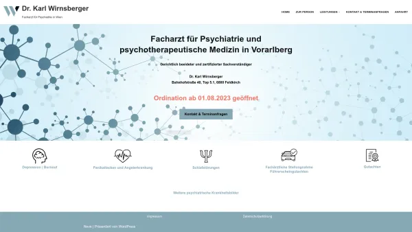 Website Screenshot: Ordination Dr. Wirnsberger Facharzt für Psychiatrie in Wien - Facharzt für Psychiatrie in Vorarlberg - Dr. Karl Wirnsberger - Date: 2023-06-26 10:26:05