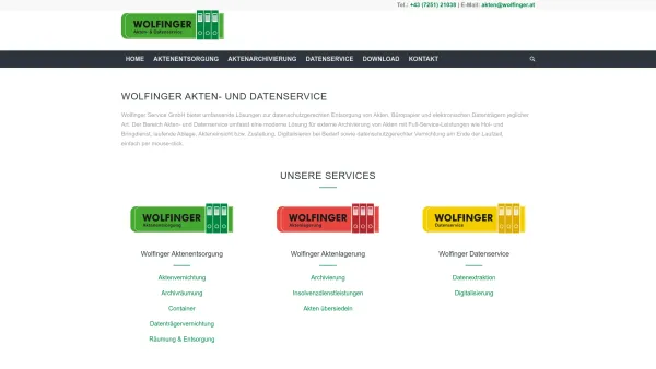 Website Screenshot: Akten und Datenträgerservice Wolfinger Service GmbH - WOLFINGER – Wolfinger: Akten- & Datenservice - Date: 2023-06-15 16:02:34