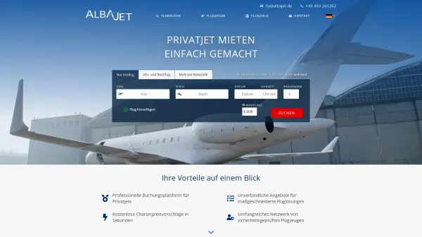 Website Screenshot: AlbaJet Charter GmbH - Privatjet mieten, einfach gemacht | Privatjet Charter - AlbaJet - Date: 2023-06-26 10:26:05