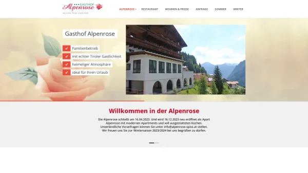 Website Screenshot: Gasthof Alpenrose Spiss - Willkommen im Gasthof Alpenrose in Spiss - Date: 2023-06-22 12:13:08