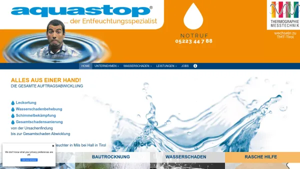 Website Screenshot: Aquastop - Wasserschaden Tirol, Aquastop, Entfeuchtung, Notfall - Date: 2023-06-14 10:47:02