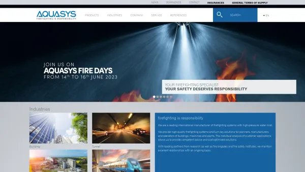 Website Screenshot: AQUASYS Technik GmbH Brandbekämpfung mit Wassernebel - firefighting with high-pressure water mist | AQUASYS - Date: 2023-06-14 10:37:41