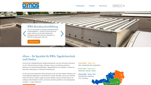 Website Screenshot: aTmos GmbH Austria Lüftung Verglasung - aTmos – Ihr Spezialist für RWA, Tageslichttechnik und Glasbau - Date: 2023-06-22 15:00:09