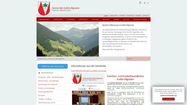 Website Screenshot: Gemeindeamt Offizielleder Gemeinde Ausservillgraten Bezirk Lienz Osttirol - Herzlich willkommen - Gemeinde Außervillgraten, Osttirol, Bezirk Lienz - Date: 2023-06-22 15:04:29