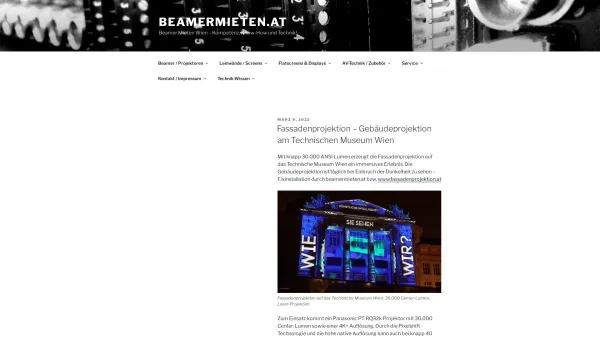Website Screenshot: beamermieten.at Beamer Verleih Wien - Fassadenprojektion – Gebäudeprojektion am Technischen Museum Wien | beamermieten.at - Date: 2023-06-22 15:00:11