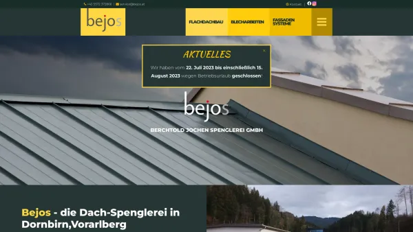 Website Screenshot: Bejos Qualität rund ums Blech - Spenglerei bejos Dornbirn für ihr Dach in Vorarlberg - Date: 2023-06-22 12:13:13