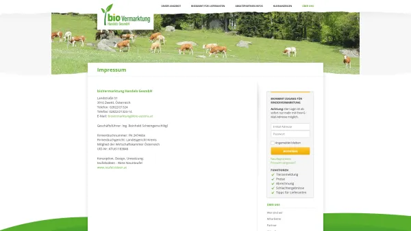 Website Screenshot: bioVermarktung Handels GesmbH - Impressum - bioVermarktung Handels GmbH Zwettl, Niederösterreich - Vermarktung von Bio-Rinder, Bio-Weidegänse, Bio-Enten und Bio-Zucker - Date: 2023-06-22 15:00:11