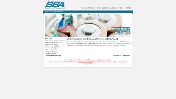 Website Screenshot: BRAUNSTEINER Batterien und Akkusysteme BBA_Batterien und Akkusysteme - Braunsteiner-Batterien.at | Startseite - Date: 2023-06-22 15:10:44