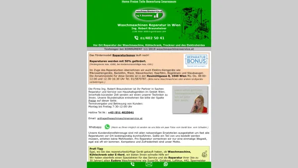 Website Screenshot: Fa. Ing. Braunsteiner - Ersatzteile und Reparatur Service - Waschmaschinen Reparatur Wien Testsieger bei KONSUMENT12/2019 waschmaschinenservice.at - Date: 2023-06-14 10:47:13