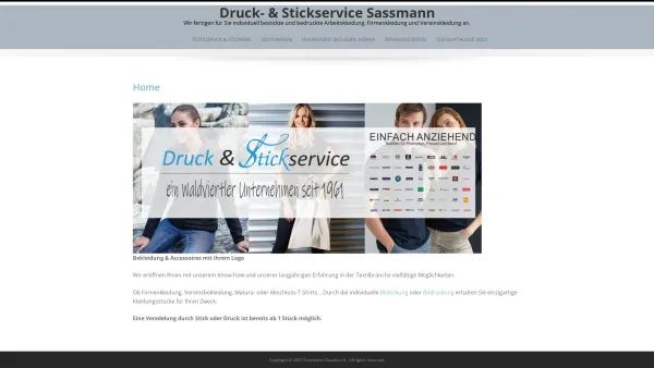 Website Screenshot: Sassmann Claudia - Druck- & Stickservice Sassmann – Wir fertigen für Sie individuell bestickte und bedruckte Arbeitskleidung, Firmenkleidung und Vereinskleidung an. - Date: 2023-06-15 16:02:34