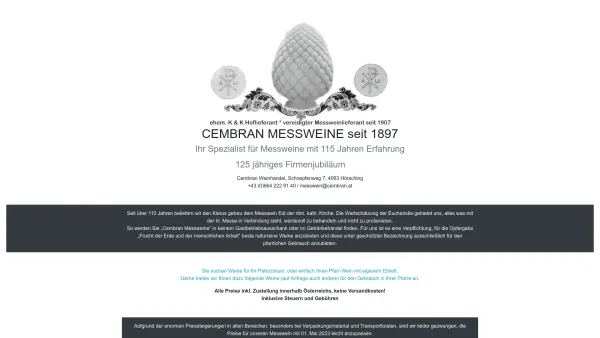 Website Screenshot: Cembran Weinkeller - CEMBRAN MESSWEINE SEIT 1897 - Date: 2023-06-22 15:00:13