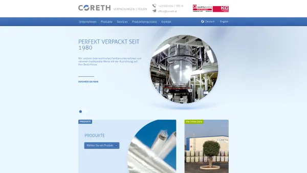 Website Screenshot: Coreth Verpackungen der Lieferant für Folien Säcke Klebebänder und Palettenhauben - Home - CORETH - Date: 2023-06-22 15:00:14