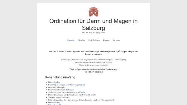 Website Screenshot: Prof. Dr. med. Wolfgang L. Frank Facharzt für Chirurgie, Diplom Ernährungsmedizin (BÄK) - Ordination für Darm und Magen in Salzburg – Prof. Dr. med. Wolfgang Frank - Date: 2023-06-22 15:11:10