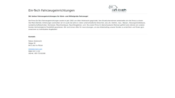 Website Screenshot: Ein-Tech Fahrzeugeinrichtung - Ein-Tech Fahrzeugeinrichtungen | Holzknecht Fabian & Albin - Date: 2023-06-22 15:13:18
