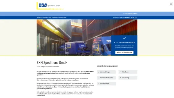 Website Screenshot: EKM Spedition GmbH Electronics Kunst Möbeltransporte
Umzüge, Übersiedlungen, Spezial und Schwerguttransporte - EKM Speditions GmbH - Date: 2023-06-14 10:37:01