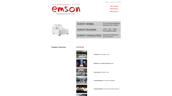Website Screenshot: EMSON Eventservice GmbH - Eventausstatter EMSON - Möbel und Technik für jede Veranstaltung: Barhocker, Stehtische, Hussen, Loungemöbel, Tontechnik, Video- und Lichttechnik - Date: 2023-06-15 16:02:34