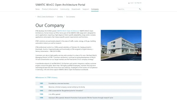 Website Screenshot: ETM professional control GmbH A Siemens Company - Our Company :: SIMATIC WinCC Open Architecture Portal - Date: 2023-06-14 10:39:40
