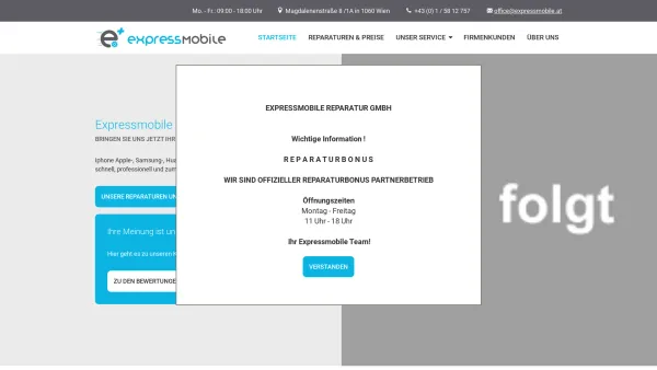 Website Screenshot: Expressmobile Reparatur GmbH
expressmobile iPhone, iPad, iPod, Samsung Galaxy Reparatur in Wien - iPhone Reparatur in 1060 Wien und Tablet-Reparatur - Date: 2023-06-14 10:39:42