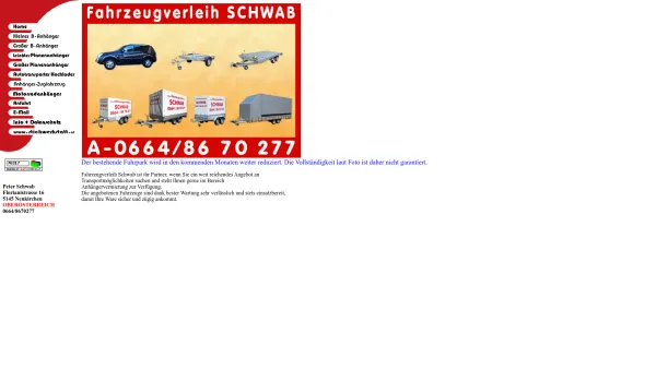 Website Screenshot: Fahrzeugverleih Schwab - Willkommen beim Anhängerverleih Peter Schwab - Date: 2023-06-15 16:02:34