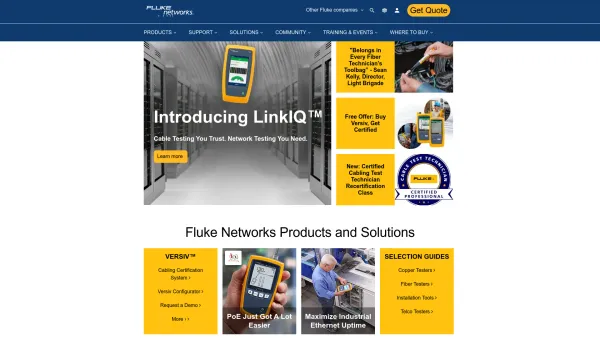Website Screenshot: Fluke Networks Network SuperVision Solutions for network analysis LAN test tools wireless copper fiber certification - Tools for Installation, Certification and Troubleshooting of Network Cabling – Fluke Networks® - Date: 2023-06-22 15:11:32