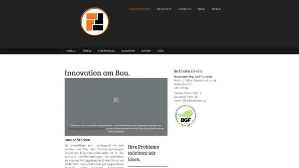 Website Screenshot: Baumeister Karl Fürholzer  Hoch- und Tiefbau Gesellschaft m.b.H. - Innovation am Bau. - Bmst. Ing. Karl Fürholzer - Date: 2023-06-22 15:01:15