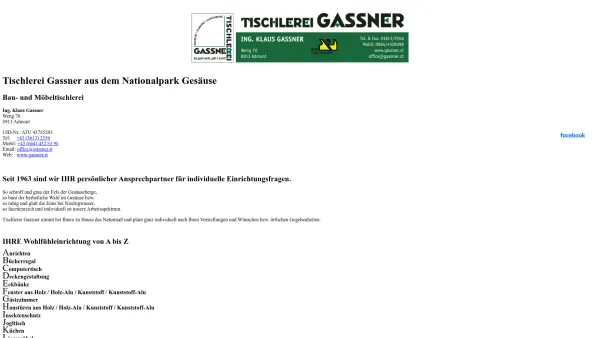 Website Screenshot: Tischlerei Ing. Klaus Gassner Bau und Möbeltischlerei, Planung, Koordination - Tischlerei Gassner aus dem Nationalpark Gesäuse - Date: 2023-06-22 15:01:24