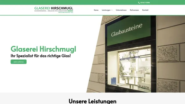 Website Screenshot: Reinhard Alois GLASEREI HIRSCHMUGL Bildereinrahmung u. Verlegung von Glasbausteinen - Home - - Date: 2023-06-22 15:01:41