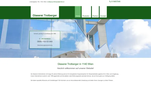 Website Screenshot: Glaserei Wolfgang Trotberger, 1140 Wien
24h Notdienst, direkte Versicherungsverrechnung - Glaserei Trotberger in 1140 Wien - Wolfgang Trotberger - Date: 2023-06-14 10:40:12