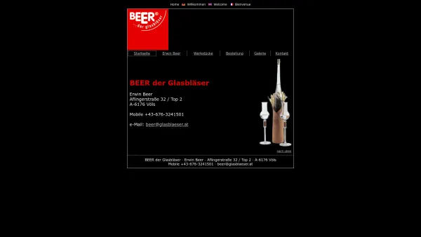 Website Screenshot: BEER der Glasbläser Flaschen Gläser Kunststücke und Geschenke aus Paffenhofen/Tirol - Glasbläser ERWIN BEER Völs edle Geschenke vom Glasbläsermeister - Date: 2023-06-22 15:01:41