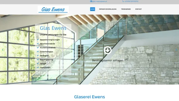 Website Screenshot: Glaserei Ewens - Glas Ewens - Ihr Glasereifachbetrieb in Siegendorf für Eisenstadt, Wiener Neustadt, Wien-Umgebung, Niederösterreich und das Burgenland - Date: 2023-06-15 16:02:34