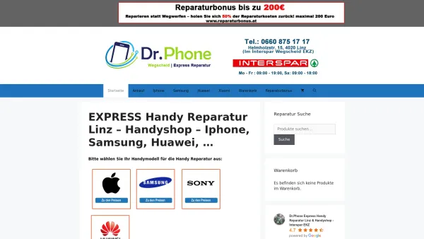 Website Screenshot: Handy Reparatur Linz - EXPRESS Handy Reparatur Linz - Handyshop - Iphone, Samsung, Huawei, ... - Reparaturbonus | Displayreparatur | Akkutausch | Dr. Phone Linz - Date: 2023-06-14 10:40:24