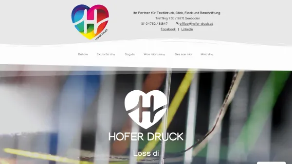 Website Screenshot: Hofer Druck Seeboden Ihr Profi für Textildruck Foliendruck Flockdruck und Stickerei! - Homepage - Hofer Druck - Date: 2023-06-14 10:47:29
