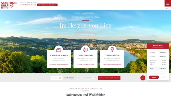 Website Screenshot: Hotel Kolping GesmbH - Hotel in Linz: Unterkunft & Übernachtung in Linz Zentrum - Stadtoase Hotel Kolping - Date: 2023-06-15 16:02:34