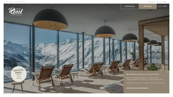 Website Screenshot: Das höchstgelegenste familienfreundliche 4 Sterne Hotel der Alpen liegt direkt an der Piste im Skigebiet Obergurgl-Hochgurgl. Neu - Ihr Erwachsenenhotel im Ötztal - Ski- & Golfresort Hotel Riml - Date: 2023-06-22 15:12:36