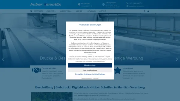 Website Screenshot: Huber-Schriften Muntlix - Huber Schriften Muntlix / Vorarlberg - Beschriftung, Siebdruck, Digitaldruck - Date: 2023-06-22 15:14:11