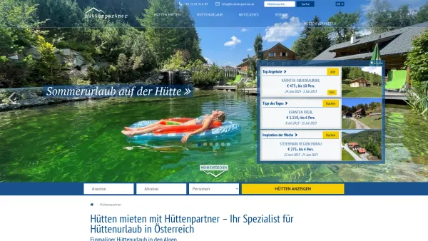 Website Screenshot: Hüttenpartner Alm Ski und Wanderhütten Vermietung Hütten - Hütten mieten in Österreich | Urlaub mit Hüttenpartner - Date: 2023-06-22 15:12:42