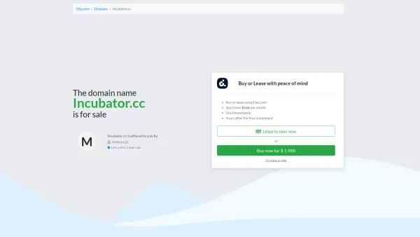 Website Screenshot: incubator - The domain name Incubator.cc is for sale | Efty - Date: 2023-06-22 15:14:20