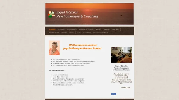 Website Screenshot: Praxis für Psychotherapie und Coaching
Ingrid Görblich - Ingrid Görblich - Startseite - Date: 2023-06-22 15:12:53