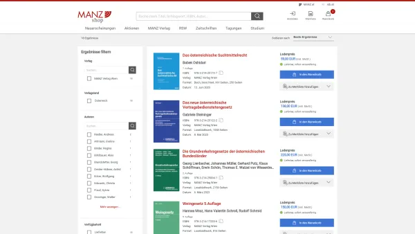 Website Screenshot: Juridica MANZ\\'sche Verlags und Universitätsbuchhandlung GmbH - MANZ | 18 Ergebnisse - Date: 2023-06-23 12:04:25