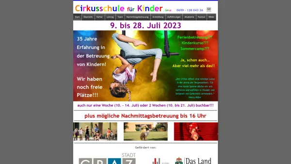 Website Screenshot: Zirkusschule f Kinder bis 15 Startseite - Cirkusschule für Kinder, Graz - Kreative Ferienbetreuung für Kinder im Juli in Graz - Date: 2023-06-23 12:04:51