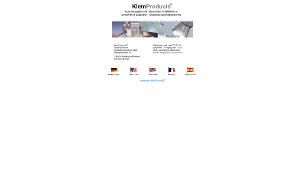 Website Screenshot: KlemProducts Gesellschaft für Ausstellungstechnik mbH - KlemProducts - Plattenverbinder, Ausstellungssysteme, Ausstellungsbeleuchtung, Bilderleuchten, Plattenbeschläge - Date: 2023-06-15 16:02:34