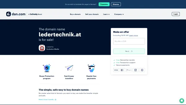 Website Screenshot: LEDERTECHNIK Handels GmbH - The domain name ledertechnik.at is for sale | Dan.com - Date: 2023-06-23 12:05:52
