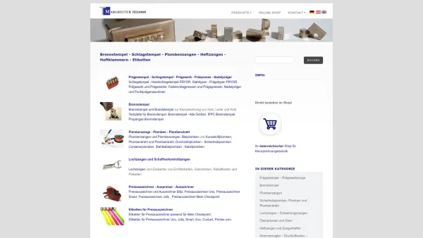 Website Screenshot: Margreiter Technik Hans Hilscher GmbH. - Brennstempel - Schlagstempel - Plombenzangen - Heftzangen - Heftklammern - Etiketten - Date: 2023-06-14 10:43:41