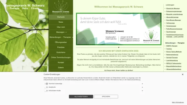 Website Screenshot: Massagepraxis W. Schwarz
Trainings & Gesundheitszentrum Physiotherapie - Massagepraxis W. Schwarz - Startseite - Date: 2023-06-14 10:43:42