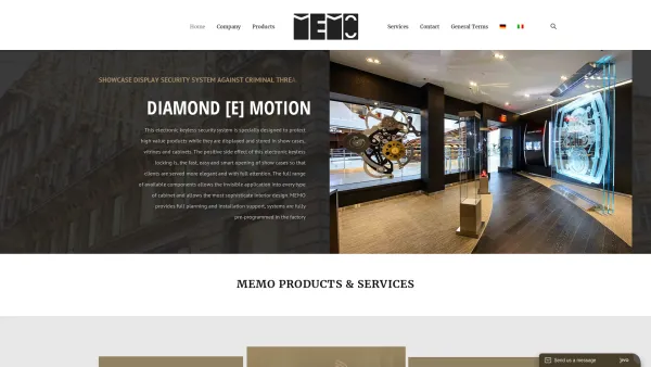 Website Screenshot: MEMO Electronics GmbH. DIAMOND[E]MOTION elektronische Juwelier Möbel Absicherung - MEMO International: The best Jewelry Showcase Security System - Date: 2023-06-23 12:06:58